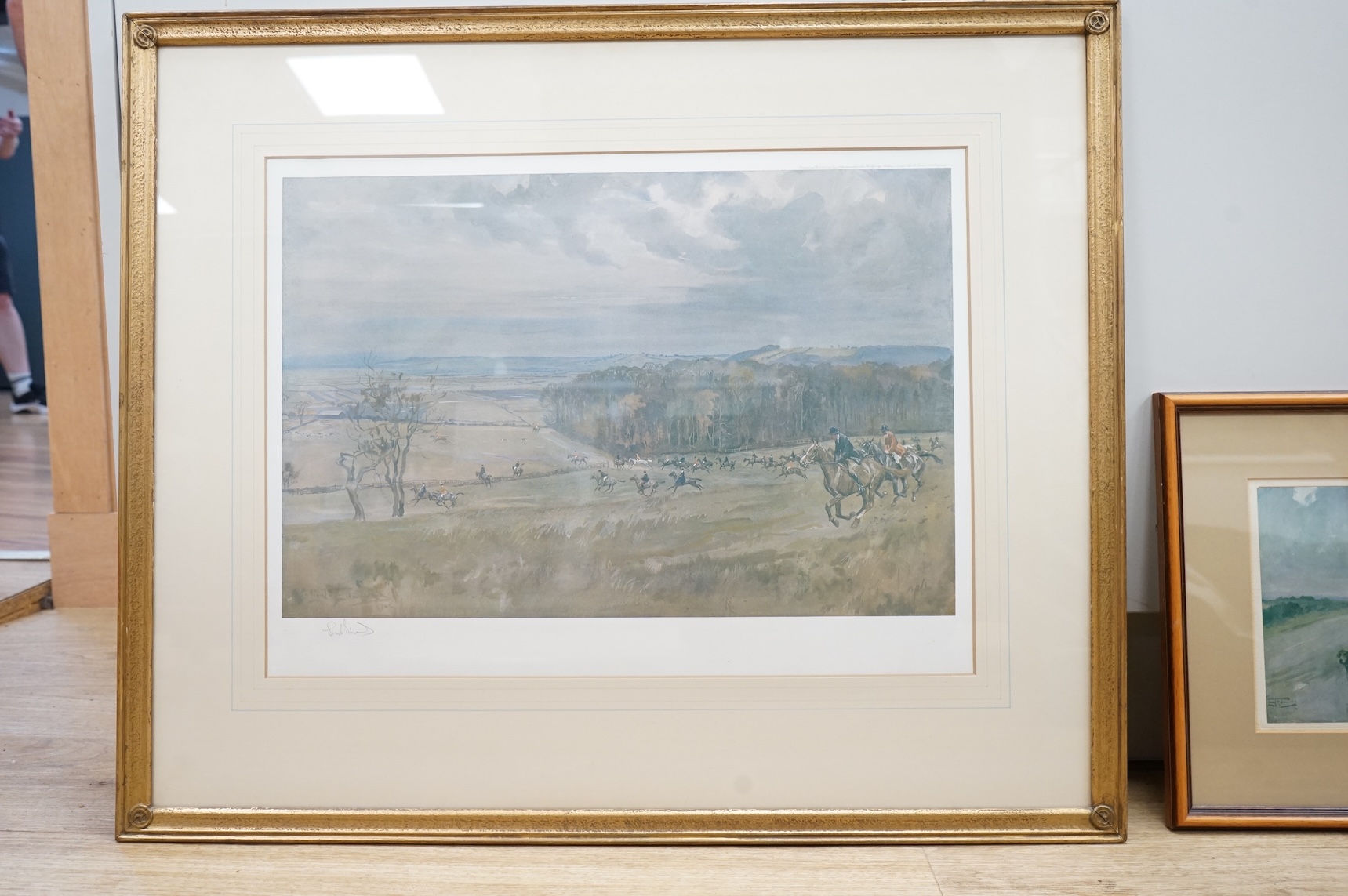 After Lionel Edwards (1878-1966), two hunting scenes with horses and hounds, one signed in pencil to the mount and Fine Art Trade Guild blind stamped, published by Eyre & Spottiswoode Ltd., colour prints, largest 38 x 51